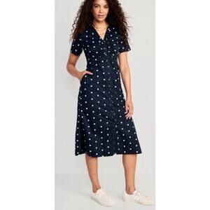 90s Style Navy Polka Dot Midi Dress Button Front with Waist Cutout Detail Large